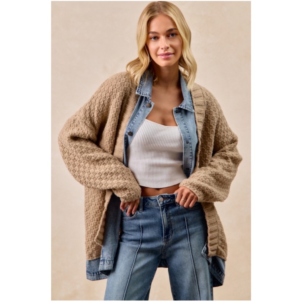 Cozy Checkered Plaid Denim Mixed Fabric Knit Cardigan Jacket Shacket